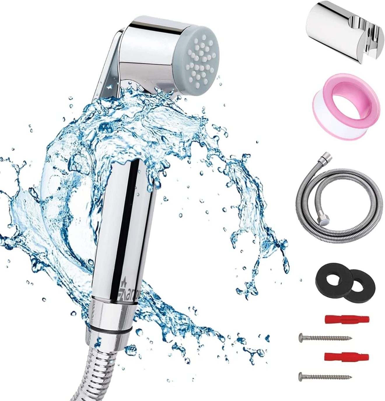 Aarzou Shattaf Set Bidet Sprayer for Toilet - شطاف غسيل Chrome Wall mounted Handheld Muslim Shower head sprayer with 47 Inch-Explosion proof Stainless Steel hose for Personal Hygiene