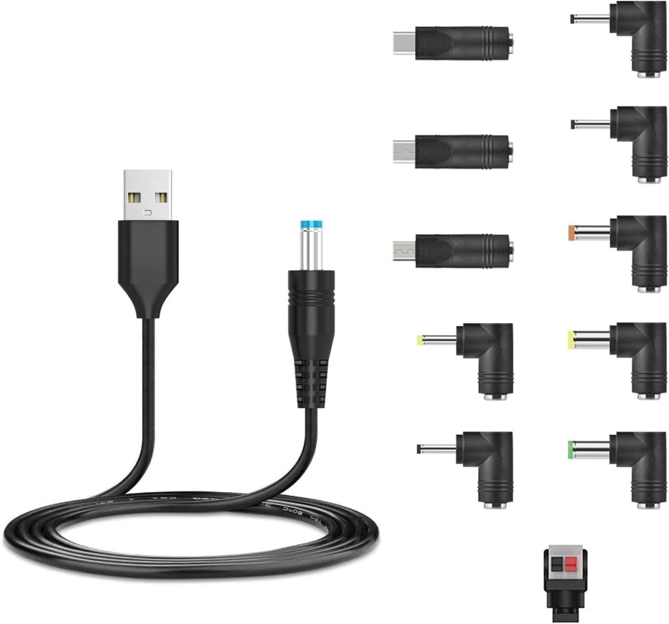 USB to DC 5V Power Cord, 5.5x2.1mm Plug Charging Cord Adapter Barrel Jack with 11 Connector (5.5x2.5, 4.8x1.7, 4.0x1.7, 4.0x1.35, 3.5x1.35, 3.0x1.1, 2.5x0.7, Micro USB, Type-C, Mini USB,LED Termina))