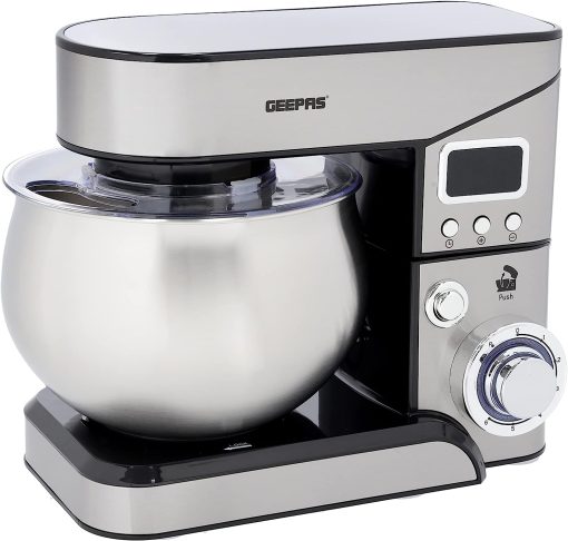 Geepas Digital Multi Function Kitchen Machine, GSM43046 6 Speed Control Electric Mixer with Dough Hook, Whisk, Beater 5L Stainless Steel Bowl Lid 1300W Powerful Motor, Silver