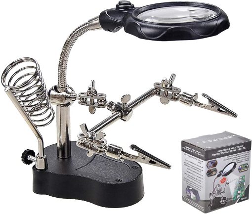 SUYA Desktop LED Lighted Magnifying Glass Soldering Station, Adjustable Helping Hands Magnifier 2.5X,12X Station with Light and Alligator Clips for …