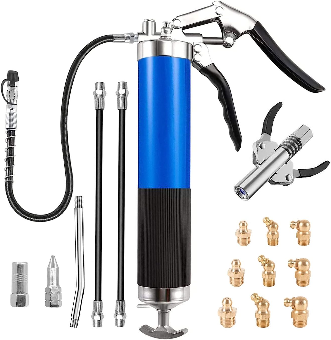 Heavy Duty Grease Gun, 7000 PSI Pistol Grip Grease Gun Kit with 1pcs Grease Gun Coupler, 1pcs Extension Rigid Pipe, 3pcs Flexible Hose and 9pcs Brass Nozzle, for Machinery, Car and Ship