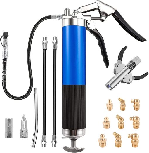 Heavy Duty Grease Gun, 7000 PSI Pistol Grip Grease Gun Kit with 1pcs Grease Gun Coupler, 1pcs Extension Rigid Pipe, 3pcs Flexible Hose and 9pcs Brass Nozzle, for Machinery, Car and Ship