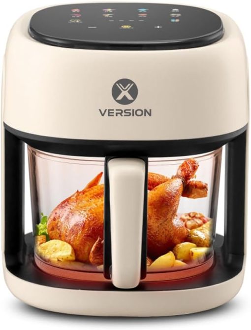 XVersion Air Fryer 4.2L Glass with Touch Screen, Self Timer, and 8 Cooking Presets Transparent Dishwasher-Safe XL Air Fryers 6L Basket Size with 1 Year Manufacturer Warranty Beige