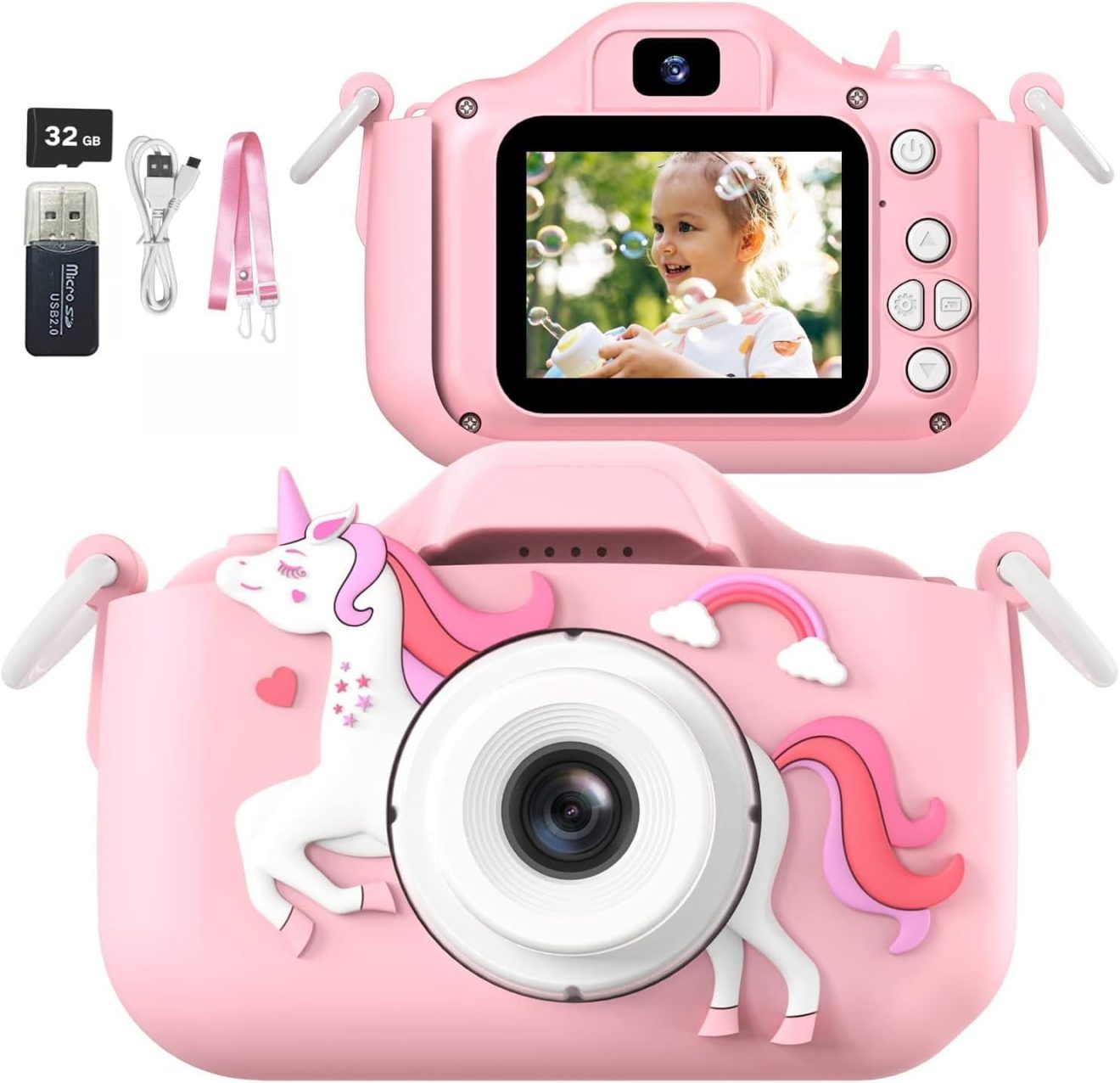 Kids Camera, ZONEY Children Digital Camera, 40MP 1080P HD Digital Video Camera with Cute Silicone Cover, Rechargable Video Recorder with 32G SD Card, Game Camera for Boys Girls Gift (Pink)