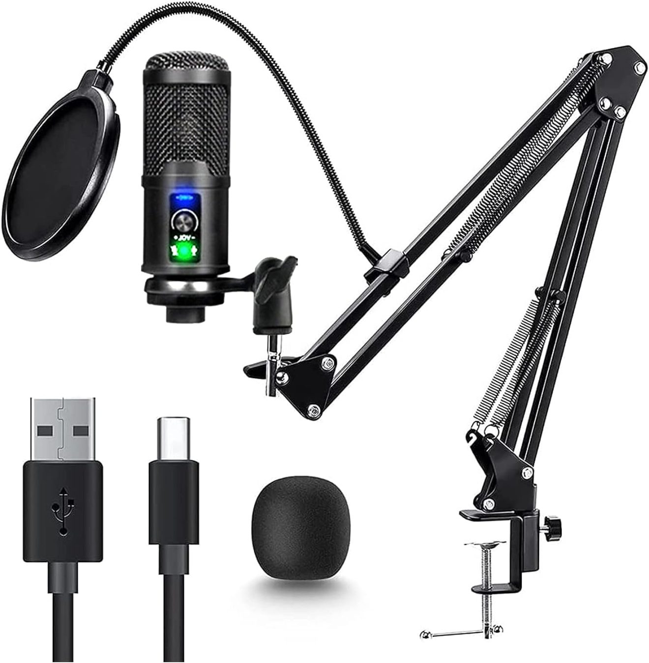 Condenser USB Microphone, Plug & Play PC Computer Microphones Kit with Adjustable Boom Arm Stand Shock Mount, One-Touch Mute for Streaming, Podcast, Studio Recording and Games 192kHz/24Bit