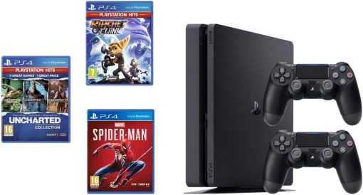 Sony PlayStation 4 Slim 500 GB Console with Two DualShock 4 Controllers with 3 Games: Ratchet & Clank, Spiderman, Uncharted Collection with 3 Months PSN+ Subscription