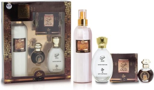 MY PERFUMES OUD 4 pieces OTOORI Gift Set For Men and Women, Non Alcoholic, 15ml Concentrated Perfume Oil, 40 gm Bukhoor, 35ml Water Perfume, 250ml Air Freshener (OUD)