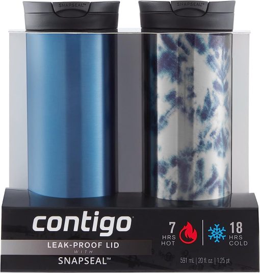 Contigo Huron Vacuum-Insulated Stainless Steel Travel Mug with Leak-Proof Lid, Keeps Drinks Hot or Cold for Hours, Fits Most Cup Holders and Brewers, 20oz 2-Pack, Blue Corn & Acid Wash