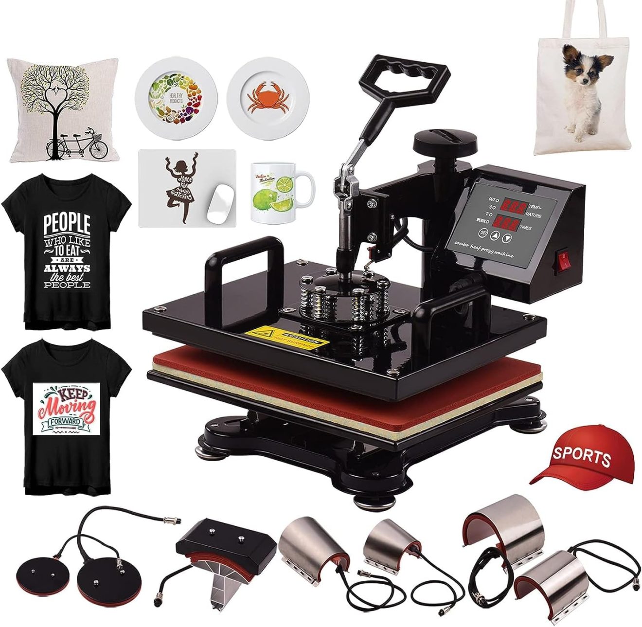 heat press machine，12x15 Inch 8 in 1 Multifunctional Combo Digital Heat Press Thermal Transfer Machine with Mug Plate Hat Cap Press for T-Shirt Hat/Cap Mug/Cup Plate