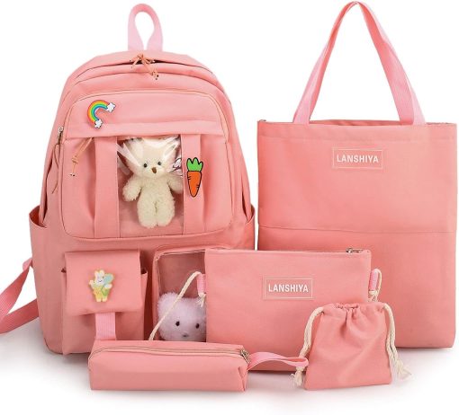 YGYCF Kawaii Backpack 5Pcs Set for Student with Cute Bear Accessories - School Bags for Teen Girls Back to School Supplies