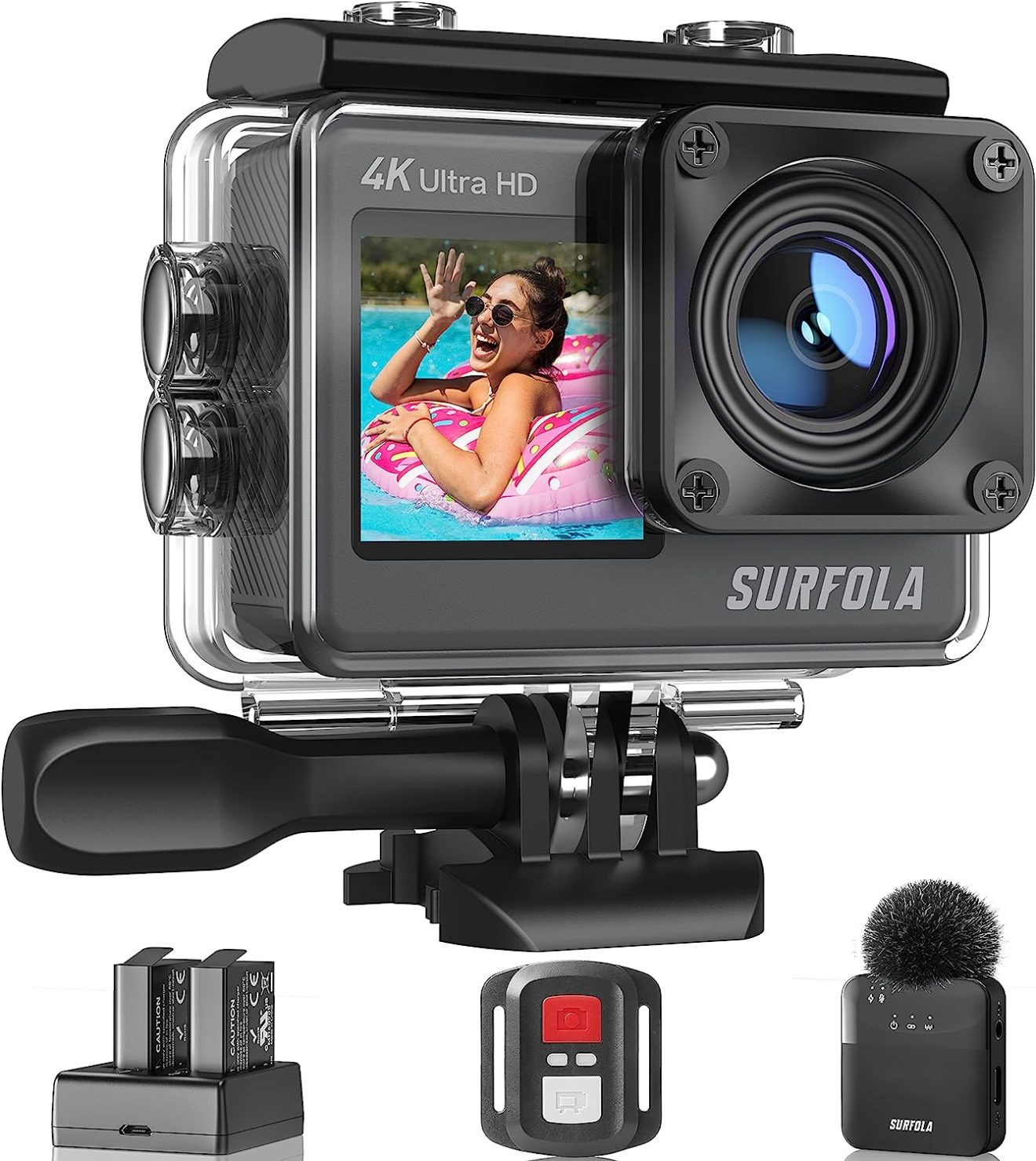 Surfola SF530 Action Camera - 4K/60FPS 24MP Dual Screen Anti-shake Touch Screen Underwater Camera with Remote Control Battery Charger and Helmet Accessories Kit【Upgraded】