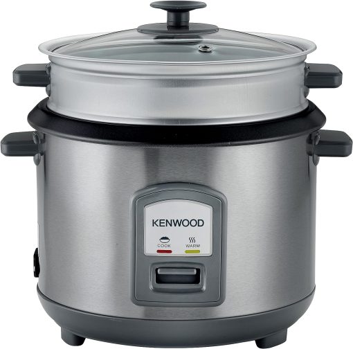 KENWOOD 2-in-1 Rice Cooker 2.8L 16-Cups Rice with Food Steamer Basket, Non-Stick Cooking Pot, Temepered Glass Lid, Warm/Cook Lights, Spatula Holder, Detachable Cord RCM71.000SS Silver