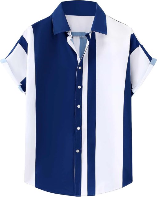 GORGLITTER Men's Color Block Striped Print Collar Short Sleeve Casual Button Up Shirts