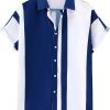 GORGLITTER Men's Color Block Striped Print Collar Short Sleeve Casual Button Up Shirts