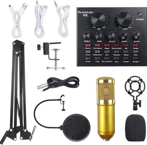 V8 LIVE SOUND CARD AND VM-800 CONDENSER MICROPHONE BUNDLE PACK (GOLD/BLACK), XLR