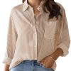 hathne Women's Button Down Shirts Long Sleeve Classic Striped Blouses Casual Tops Office Work Blouses