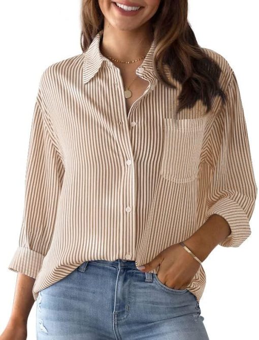 hathne Women's Button Down Shirts Long Sleeve Classic Striped Blouses Casual Tops Office Work Blouses