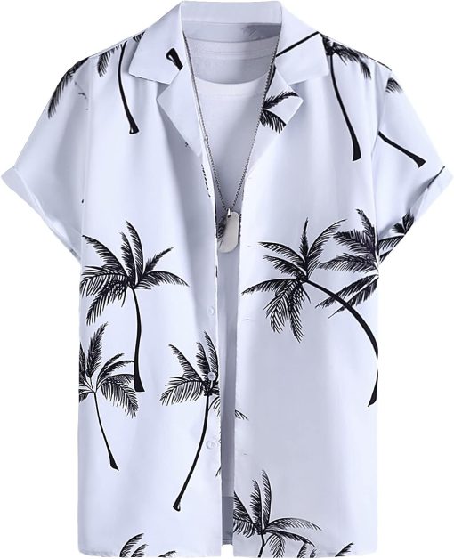 GORGLITTER Men's Lapel Neck Tropical Print Short Sleeve Button Down Shirts Boho Summer Tops