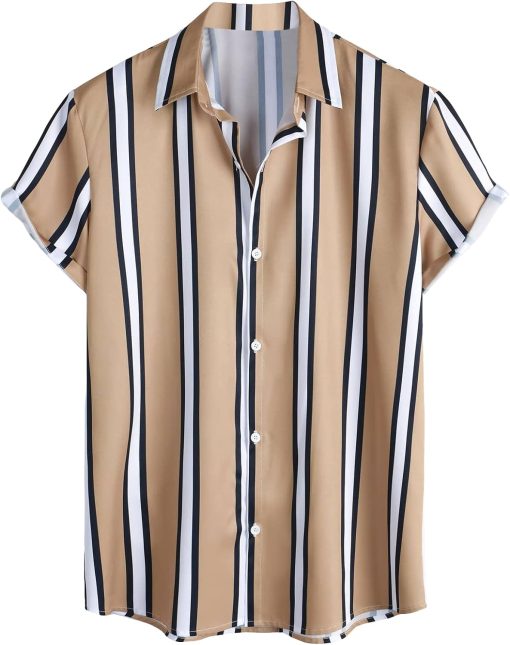 GORGLITTER Men's Striped Print Button Down Collar Neck Short Sleeve Shirt Top