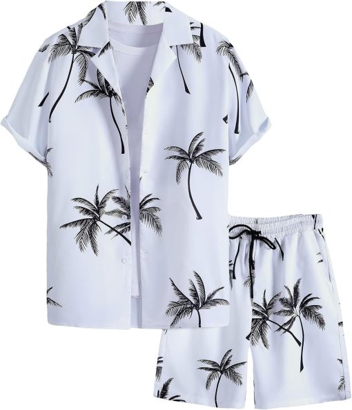 GORGLITTER Men's 2 Piece Outfits Tree Print Button Down Shirts and Drawstring Waist Shorts