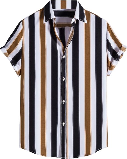 GORGLITTER Men's Striped Short Sleeve Regular Fit Poplin Button Down Shirts