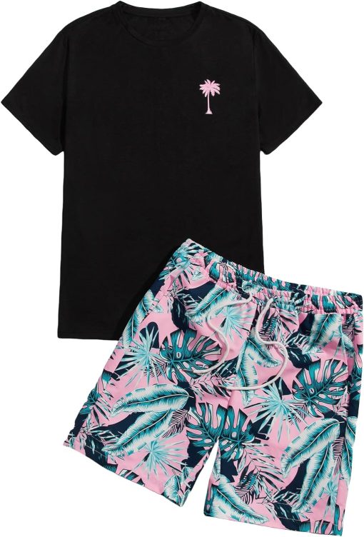 GORGLITTER Men's 2 Piece Outfits Boho Tropical Print Tee and Drawstring Waist Track Shorts