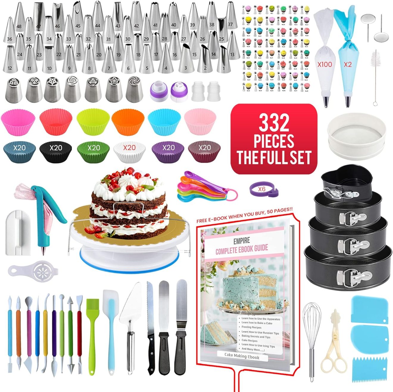 Empire Cake Decorating Supplies 332 Pieces, Baking Set with 4 Baking Trays, FREE CAKE DECORATING E-BOOK, Baking Supplies with 100 Piping Bags, 48 Small Piping Nozzles, Cake Decorating Equipment