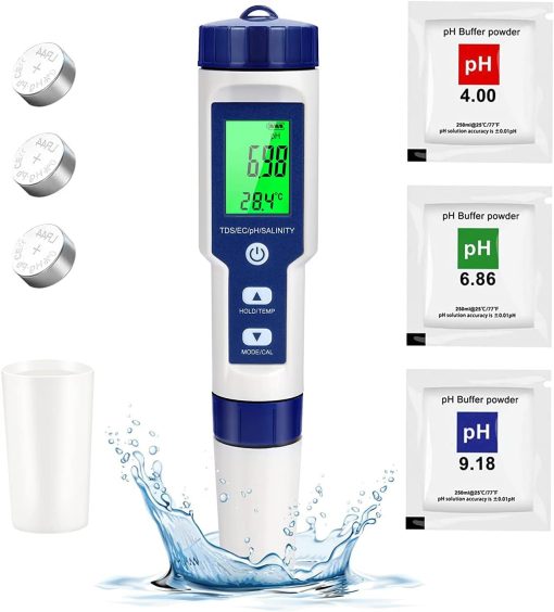 Digital PH Meter, 5 in 1 PH/EC/TDS/Salinity/Temp Meter for Water, High Accuracy Digital Multi-Function Water Testing Kits for Water, Fish Tank, Pools and Hydroponics