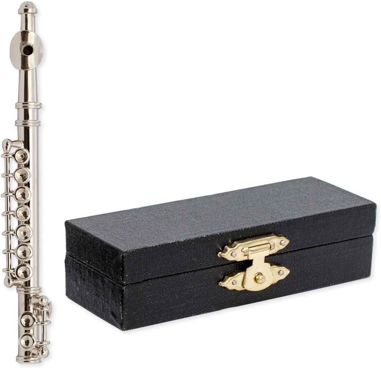 Silver Flute Music Instrument Miniature Replica on Stand with Case, Size 3 in.