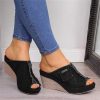 ZJYZJQ Platform Sandals Mules Wedge Heel Retro Denim Canvas Sandals Women Open Toe Fish Mouth Slides Beach Travel Shoes