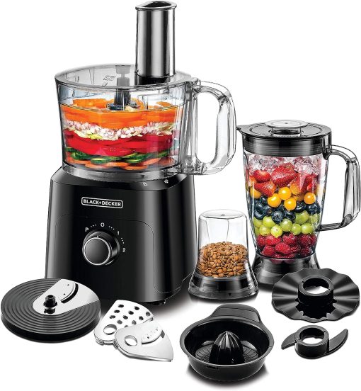 Black & Decker 5in1 Food Processor, 750W, 2L Bowl, 1.8L Blender, Jar, Grinder & Chopper, Plus 34 Extra Functions, Compact & Kitchen Appliance for Chopping, Slicing, Shredding, , FX775-B5