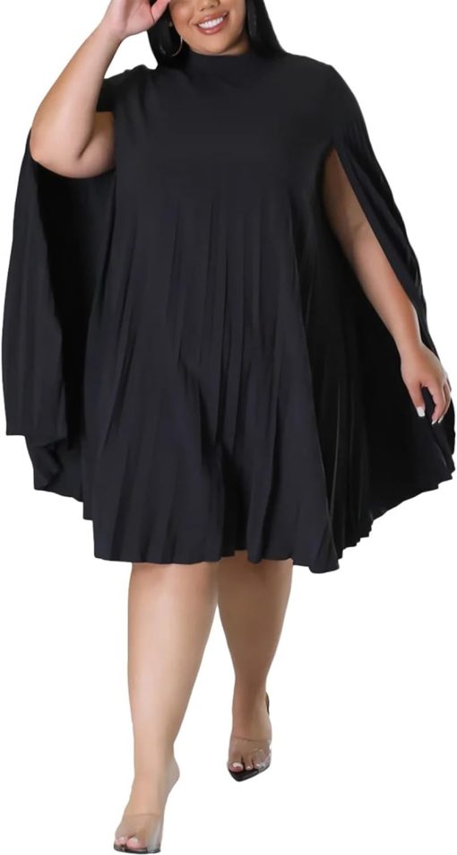 Women's Plus Size Stylish Casual Dress Elegant Cape Sleeve Loose Pleated Cocktail Party Knee Length Dress (Color : Black, Size : XXL)