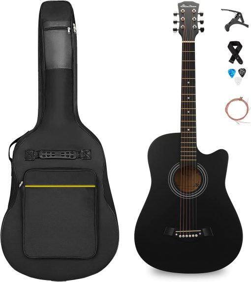 SHINEDOWN 38 inch Acoustic Guitar in Full Size Black Beginner All Wood Cutaway Starter Set with Free Bag/Capo/A Pack of Extra Strings/Picks/Strap