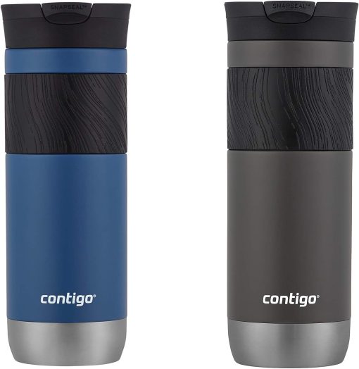 Contigo Byron Vacuum-Insulated Stainless Steel Thermal Travel Mug with SnapSeal Leak-Proof Lid, Reusable Coffee Cup or Water Bottle Keeps Drinks Hot or Cold for Hours, 20 oz 2-Pack, Sake/Blue Corn