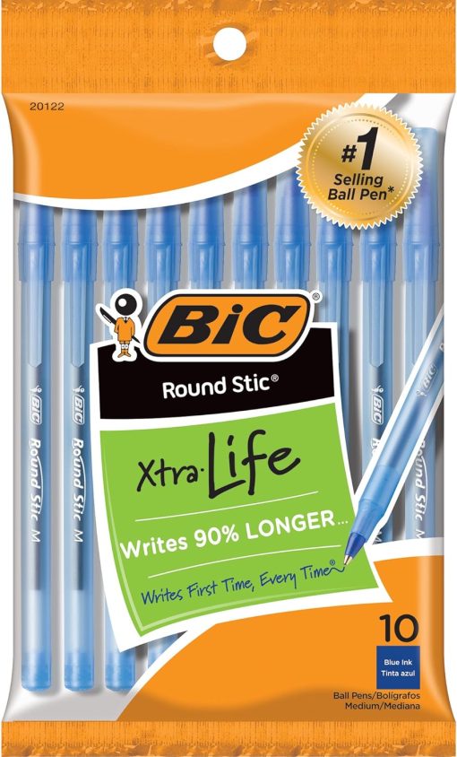 BIC Round Stic Ball Pen - Blue Body, Blue Ink, Pack of 10