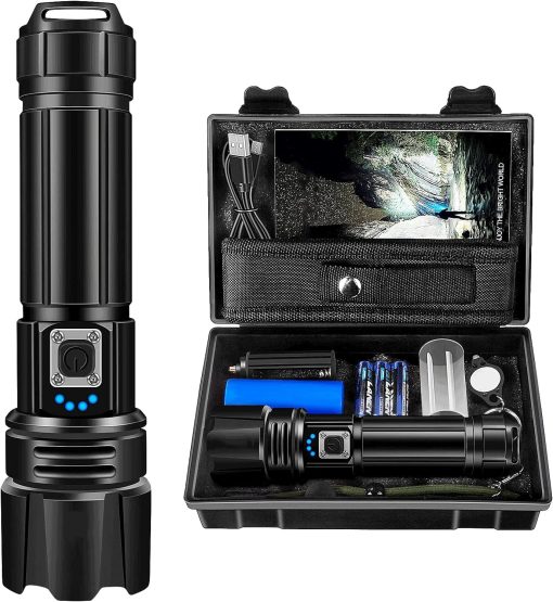 OMIRA Flashlight High Lumens, Rechargeable, XHP70.2 Super Bright 30000 Lumens Flashlight, IP67 Waterproof, Zoomable Handheld Flashlight, High Power Flash, For Camping