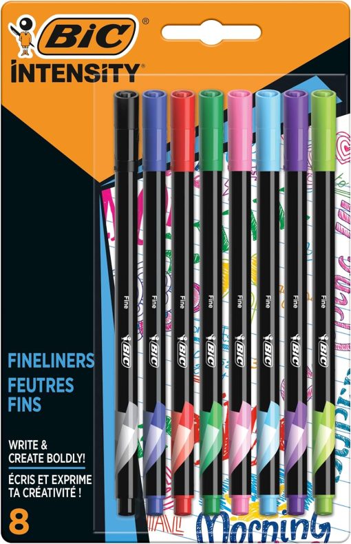 Bic Intensity Fineliner Felt Tip Pens - Pack Of 8 0.8Mm Pens In Assorted, Vivid Colours - Fine Point Pens For Drawing And Writing