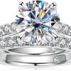AnuClub （Total 4.14ct 3CT Center Moissanite Engagement Rings Wedding Band D Color VVS1 Round Cut 925 Sterling Silver Bridal Sets for Women