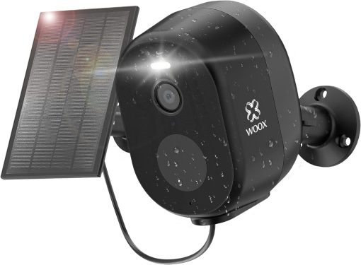 Woox 2K Wireless Outdoor WiFi Surveillance Camera Solar Panel + Batteries, 360° Pan/Tilt, PIR Motion Detection, Night Vision, Waterproof IP65 Two-Way Audio Alarm Siren