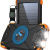 LEO WAY Solar Power Bank, Qi Wireless Portable Charger 10,000mAh, External Battery Pack with Type C Input/Output,Dual Super Bright Flashlight,Compass Carabiner, Solar Panel Charging for Phone(Orange)
