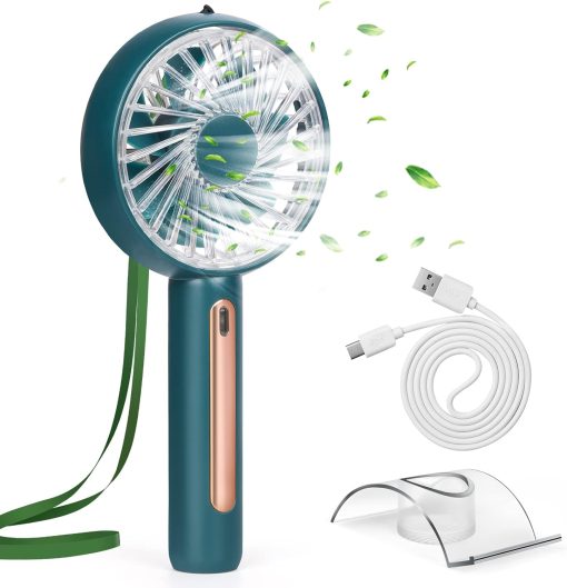 PADOM Handheld Fan, Portable Mini Fan Rechargeable with 4 Speeds, Hand Held USB Desk Fan with Cellphone Stand & Adjustable Angle for Office Home Outdoor Traveling (Green)