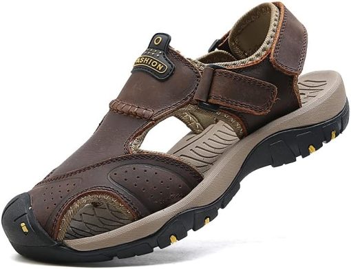 Men's Hiking Driving Leather Sandals Casual Athletic Beach Shoes Closed Toe Breathable Lightweight Water Sandals Outdoor Walking Sandals