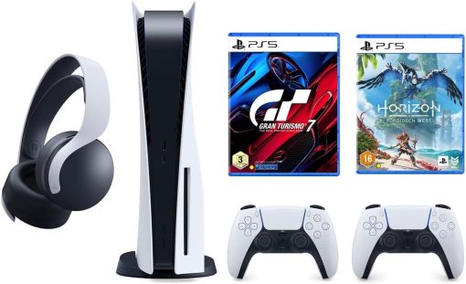 Playstation 5 Disc Console Bundle with Gran Turismo 7, Horizon Forbidden West, Extra Pulse 3D Wireless Headset and Extra Dualsense Wireless Controller (UAE Version)