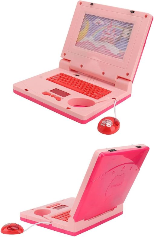 Xinwe Kids Learning Laptop, LED Learning Computer Educational Simulation Cartoon Music Cognitive Development for Boys Girls for Early Learning (Pink Non Retractable Mouse)