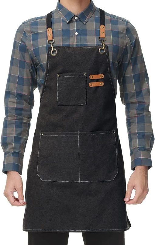 Arabest Chef Apron, Cotton Canvas Cross Back Apron with Pockets for Women and Men, Adjustable Strap and Large Pockets Cooking Apron, Suitable for Gardening, Hair Stylist, Carpenters, Chef