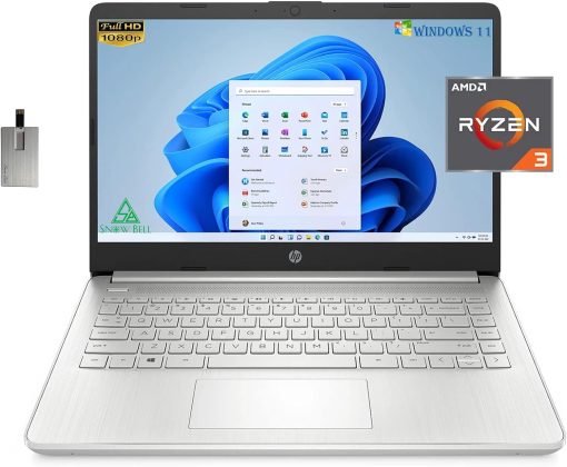 HP 2022 14" FHD IPS Display Laptop, AMD Ryzen 3-3250U, 32GB RAM, 1TB PCIe SSD, AMD Radeon Graphics, True Vision HD Camera, Wi-Fi 5 and Bluetooth, Windows 11 S, Silver, 32GB Snow Bell USB Card