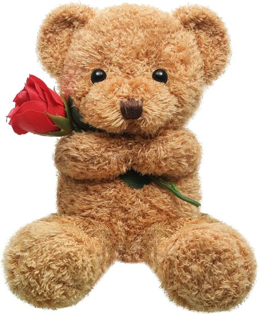 Plush Stuffed Animal Bear with Rose Funny Cute Stuffed Animal Plush Valentine's Day Gifts for Kids Toddler Girlfriend Mother's Day, 11.8 Inches (Brown)