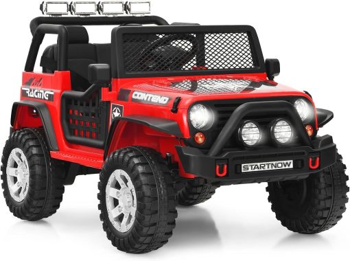 TechPlus- 12v 7Ah 2-Seater Ride On Truck Electric Ride On Car for Kids w/Parent Remote Control Battery Powered Off-Road Ride on Toys w/Spring Suspension, LED Lights, Music (RED)