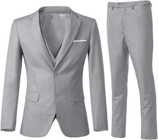 Holivyer Men's 3 Piece Slim Fit Suit Set, Two Button Blazer Solid Jacket Vest Pants Wedding Business Suit