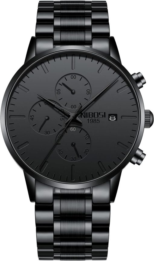 NIBOSI Men's Watches Analog Minimalist Black Dial Watches for Men Business Chronograph Military Casual Wrist Watches Stainless Steel Strap Date